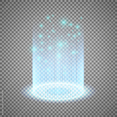 Magic fantasy portal. Futuristic teleport. Light effect. Blue candles rays of a night scene with sparks on a transparent background. Empty light effect of the podium. Disco club dancefloor.