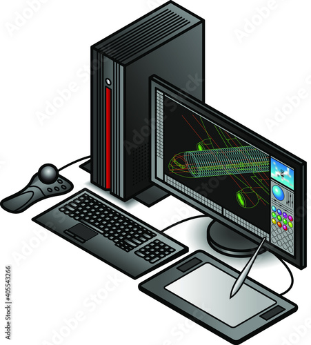 An engineering workstation with a large monitor, keyboard, graphics tablet, stylus and 3D spatial mouse.