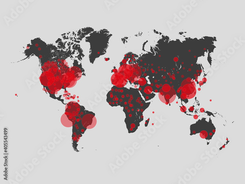 Covid-19, Covid 19 map confirmed cases report worldwide globally. Coronavirus disease 2021 situation update worldwide. Maps show where the coronavirus has spread, graphic on grey background.