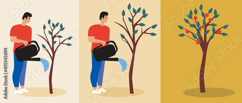 Tree growth progress, man watering or fertilizing in the garden, flat vector stock illustration as a concept of plant care, fruiting