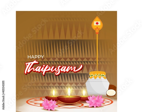 Vector illustration concept of Happy Thaipusam or Thaipoosam greeting with celebrating people, milk pot, spear, diya, coconut. Traditional Tamil Hindu Festival.  photo