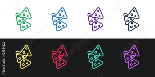 Set line Nachos icon isolated on black and white background. Tortilla chips or nachos tortillas. Traditional mexican fast food. Vector.