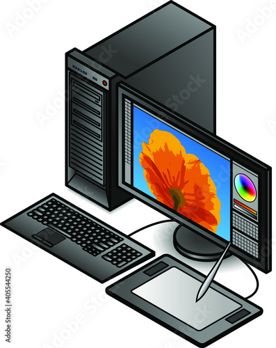 A content creation workstation with a large monitor, keyboard, graphics tablet and stylus.