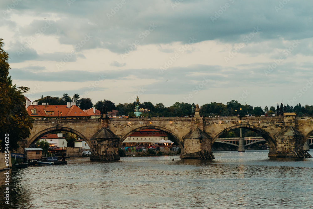 Vltava river in Prague. Karluv most or Charles bridge