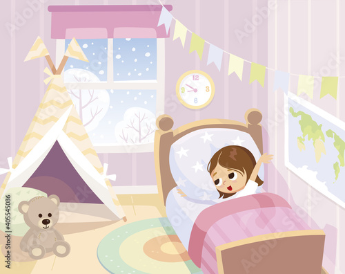 Child wakes up in the morning. Portrait of sleepy baby girl lying in the bed under cover in bedroom with teddy bear. Bed time for kids.Wish her sweet dreams.Get ready for bedtime.Kid prepare go to bed