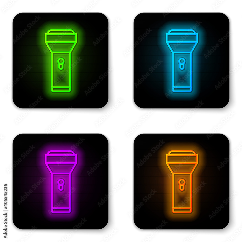 Glowing neon line Flashlight icon isolated on white background. Black square button. Vector. Glowing neon line Flashlight icon isolated on white background. Black square button. Vector.