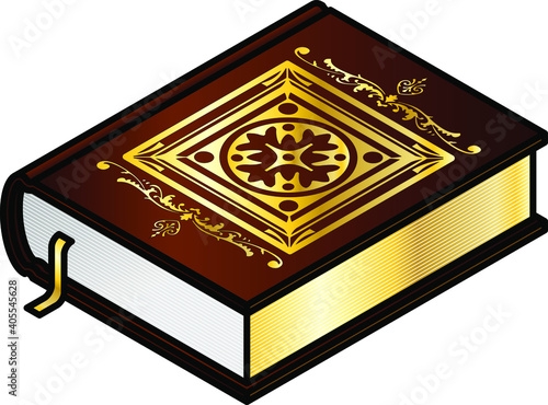 An ornate thick brown leather book with gilded illumination and leaves. And a golden ribbon bookmark.