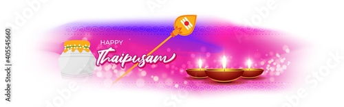 Vector illustration concept of Happy Thaipusam or Thaipoosam greeting with celebrating people, milk pot, spear, diya, coconut. Traditional Tamil Hindu Festival. 