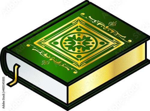 An ornate thick green leather book with gilded illumination and leaves. And a golden ribbon bookmark.
