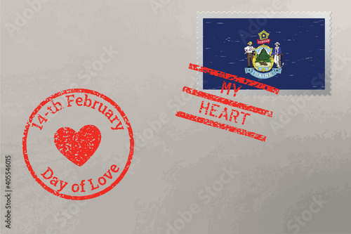 Postage stamp envelope with Maine flag and Valentine s Day stamps, vector