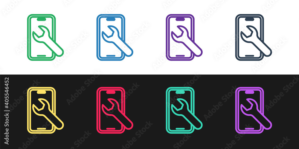 Set line Mobile phone with wrench icon isolated on black and white background. Adjusting, service, setting, maintenance, repair. Vector. Set line Mobile phone with wrench icon isolated on black and white background. Adjusting, service, setting, maintenance, repair. Vector.