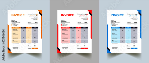 Invoice minimal design template. Bill form business invoice accounting. Modern and creative corporate business invoice template | Company business invoice template with color variation bundle