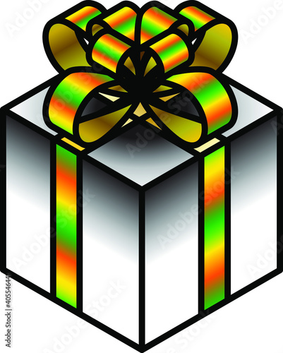 A cubic present wrapped in silver foil and multicolor/rainbow ribbon.