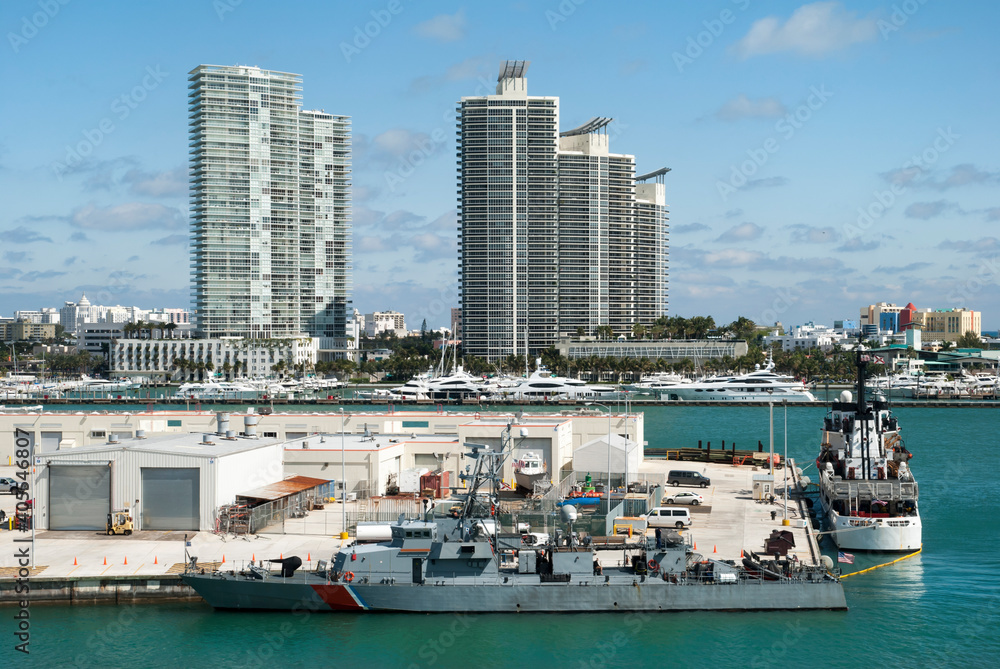 Navy Ships And Miami Beach Skyline