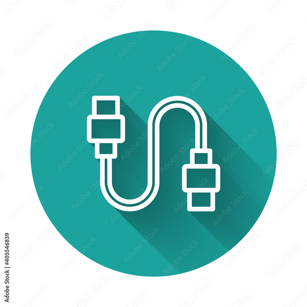 White line USB cable cord icon isolated with long shadow background. Connectors and sockets for PC and mobile devices. Green circle button. Vector. White line USB cable cord icon isolated with long shadow background. Connectors and sockets for PC and mobile devices. Green circle button. Vector.