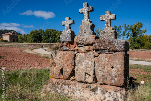 crosses on the road, Ermita de Santa Coloma, Albendiego, Guadalajara province, Spain