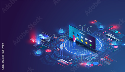 People characters giving five star Feedback. Customer feedback page, leave your opinion, user experience. Client choosing satisfaction rating and leaving positive Review. Isometric Vector Illustration