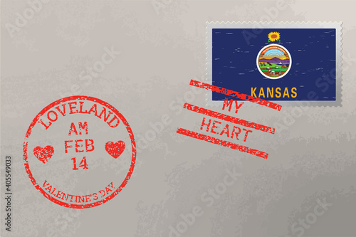 Postage stamp envelope with Kansas flag and Valentine s Day stamps, vector