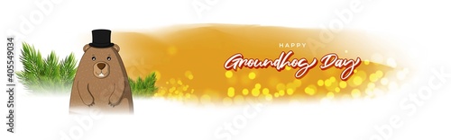 Vector illustration concept of Happy Groundhog Day greeting with cute groundhog coming out from snow covered ground. 2 February.