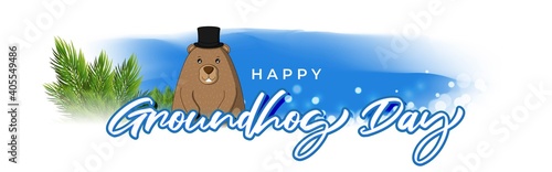 Vector illustration concept of Happy Groundhog Day greeting with cute groundhog coming out from snow covered ground. 2 February.