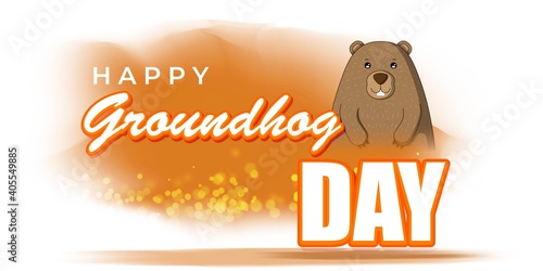 Vector illustration concept of Happy Groundhog Day greeting with cute groundhog coming out from snow covered ground. 2 February.