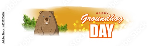 Vector illustration concept of Happy Groundhog Day greeting with cute groundhog coming out from snow covered ground. 2 February.
