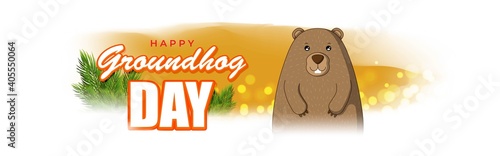 Vector illustration concept of Happy Groundhog Day greeting with cute groundhog coming out from snow covered ground. 2 February.
