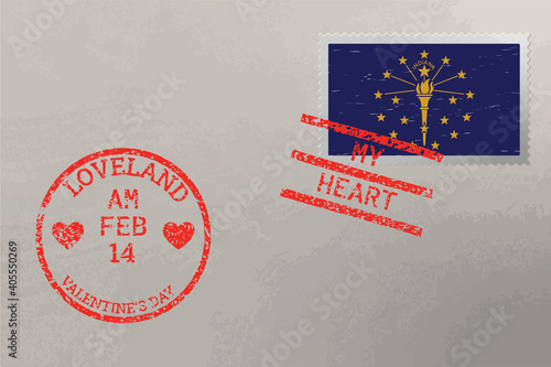 Postage stamp envelope with Indiana flag and Valentine s Day stamps, vector