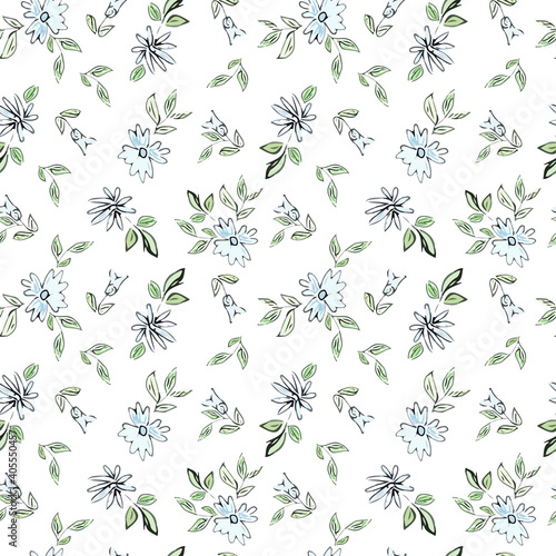 Drawing depicting blue flowers with leaves on a white background.