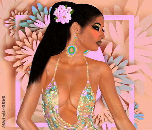 Flowers create a unique floral hairstyle in a digital art image of a woman's face. Low cut dress reveals cleavage in high fashion style. 3D render, not a real person so no model releases necessary.