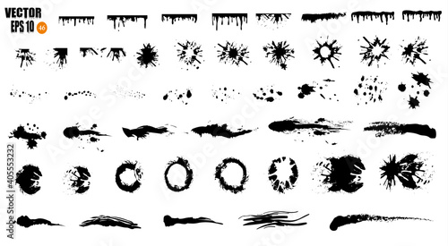 A large set of black ink  ink smears  stains  blots  brushes  lines  rough. Black brush strokes  elements of artistic design. Vector illustration. Isolated on white background