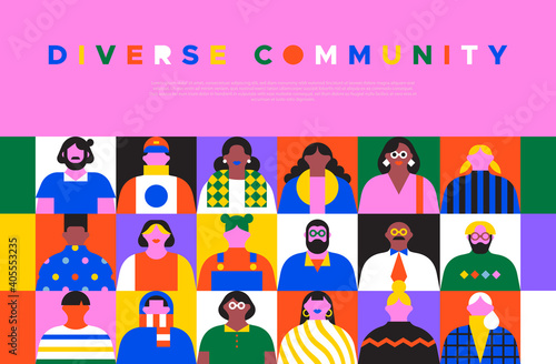 Diverse community web page template illustration. Colorful flat cartoon characters in trendy 90s style. Young people, business team, staff group concept with copy space.