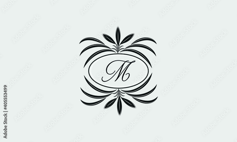 Obraz premium Vector logo design in trendy linear style. Floral monogram with the letter M in the center or space for the text of the letter - an emblem for fashion, beauty and jewelry industry, business