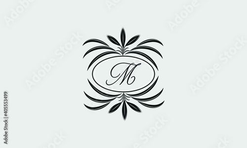 Vector logo design in trendy linear style. Floral monogram with the letter M in the center or space for the text of the letter - an emblem for fashion  beauty and jewelry industry  business