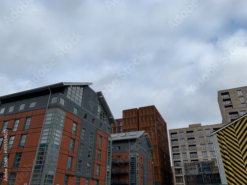 Modern architecture and landmark buildings in Manchester City centre. 