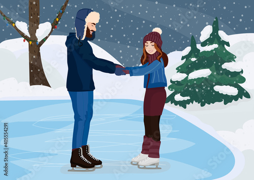 Couple on the skating rink in the park. Boy and girl ice skating. Winter fun. Vector illustration.