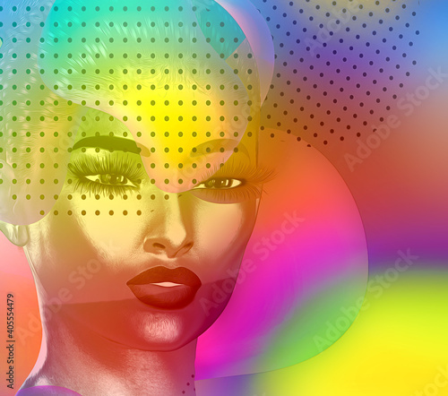 Fototapeta Naklejka Na Ścianę i Meble -  Abstract artwork of a woman's face behind a veil.  Soft colors and geometric shapes. This is a 3d digital art render, no real people are depicted or model releases necessary.