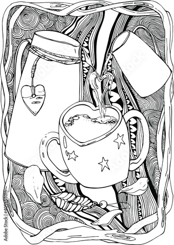 vector illustration liner drawing ,valentines day,coffee pot,milk jug and mug with two handles,rose petals,lip trinket