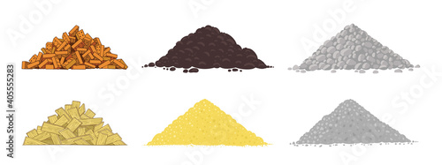 Set of Building material heaps. Used for construction. Pebble stones and bricks pile. Sand earth and boards. Boulders rocks. Vector illustration.