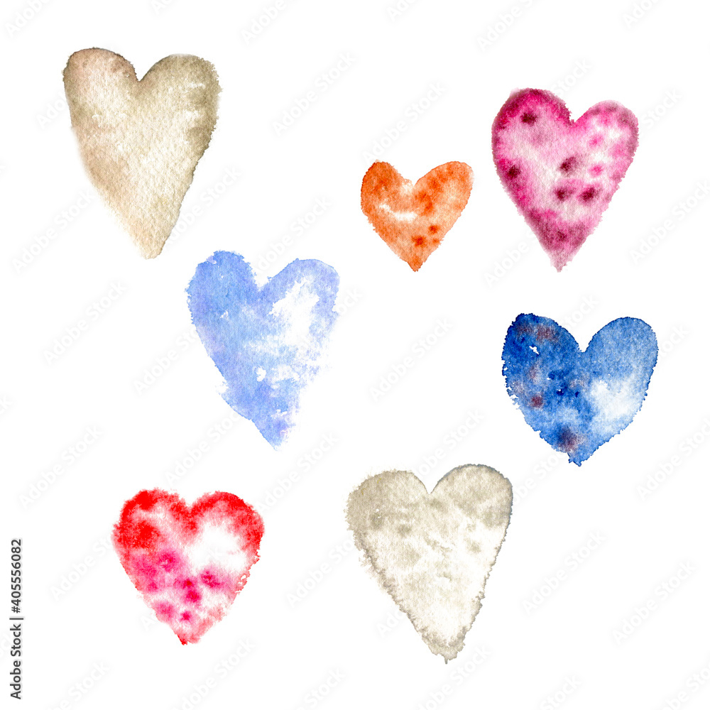 Set of watercolor hearts in the form of spots. Gray, blue and pink shades. Valentine's Day. Design for cards, backgrounds and more