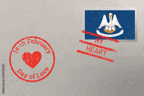 Postage stamp envelope with Louisiana flag and Valentine s Day stamps, vector