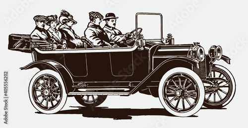 Five people sitting in an antique touring car. Illustration after an engraving from the early 20th century