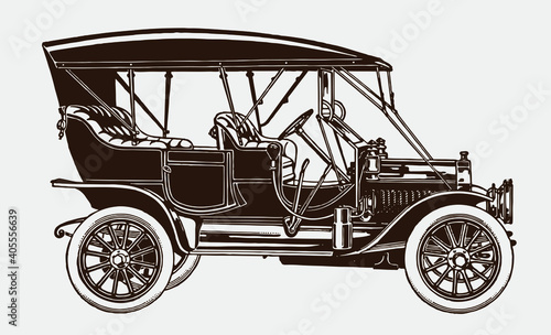 Antique tonneau car with closed roof, after engraving from early 20c.