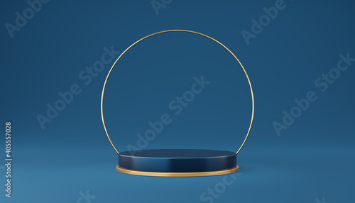 Empty blue cylinder podium with gold border and gold circle on blue background. Abstract minimal studio 3d geometric shape object. Pedestal mockup space for display of product design. 3d rendering.