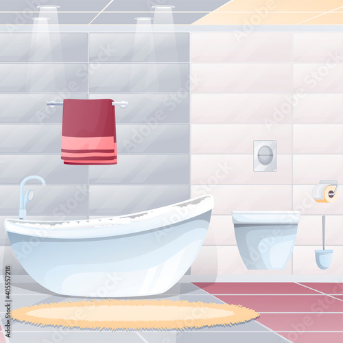 Bathroom at home interior design background. Modern room with toilet, bathtub full of water and foam with tap and shower, paper, button, towel, carpet on floor vector illustration
