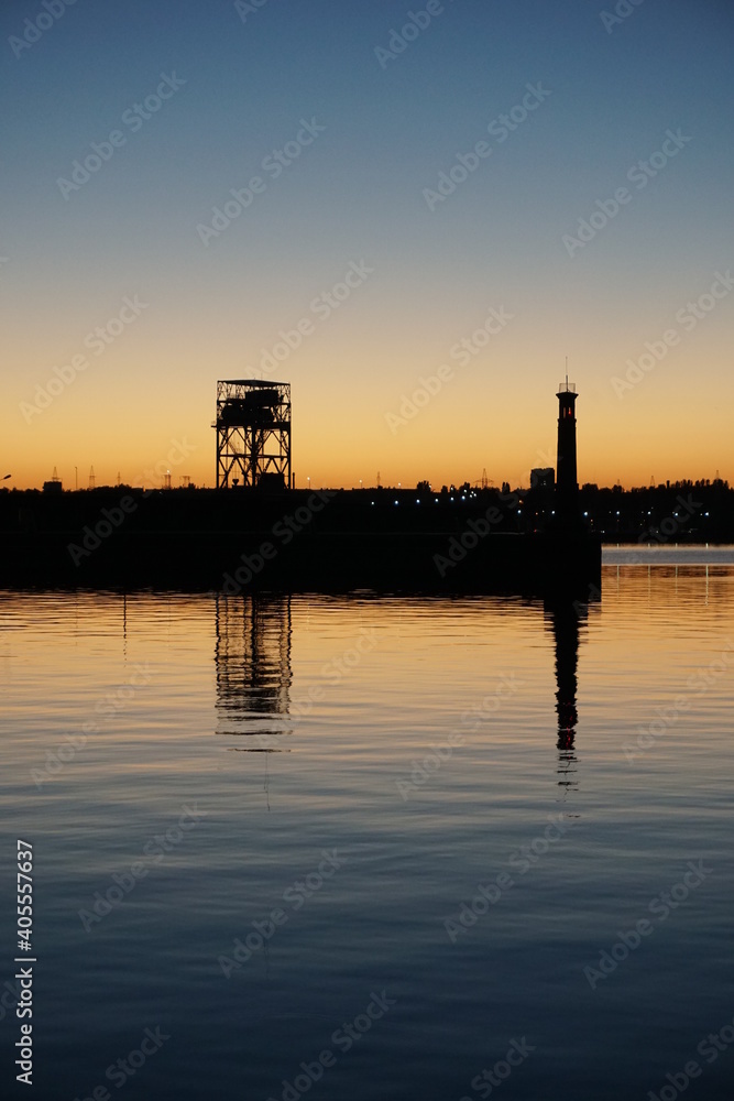 Evening landscape of the city river sunset