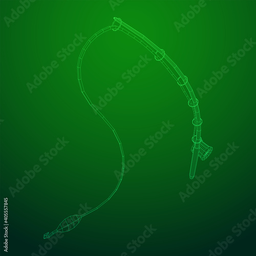 Fishing rod with line sinker and hook. Wireframe low poly mesh vector illustration.