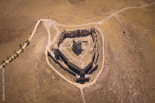 Aerial view of ruined medieval Almonacid Castle (Castillo de Almonacid), Castilla-La Mancha, Spain photo