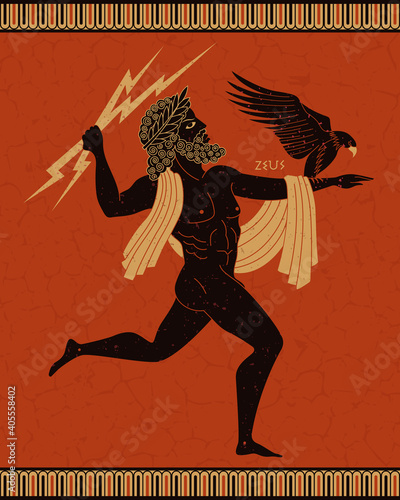 Ancient Greek mythology. God Zeus.Vector illustration in the style of Greek vase painting..