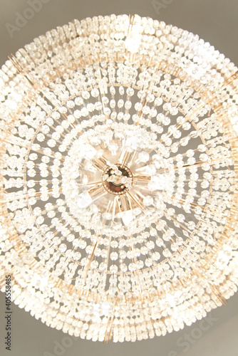 Chrystal chandelier close-up. Glamour background with copy space. Selective focus.